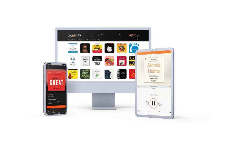 A PC, tablet and smartphone, all displaying the Audiobooks website and app experience
